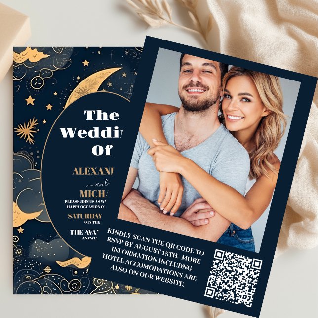 Photo Midnight Blue Gold Celestial Wedding Invitation (Creator Uploaded)