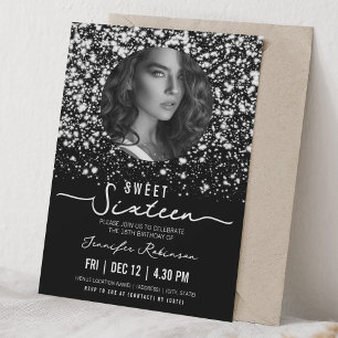 PHOTO Midnight Glam Sweet 16 Birthday Silver  Invitation