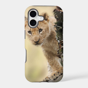 Photo mignonne d'un lionceau grimpant à un arbre