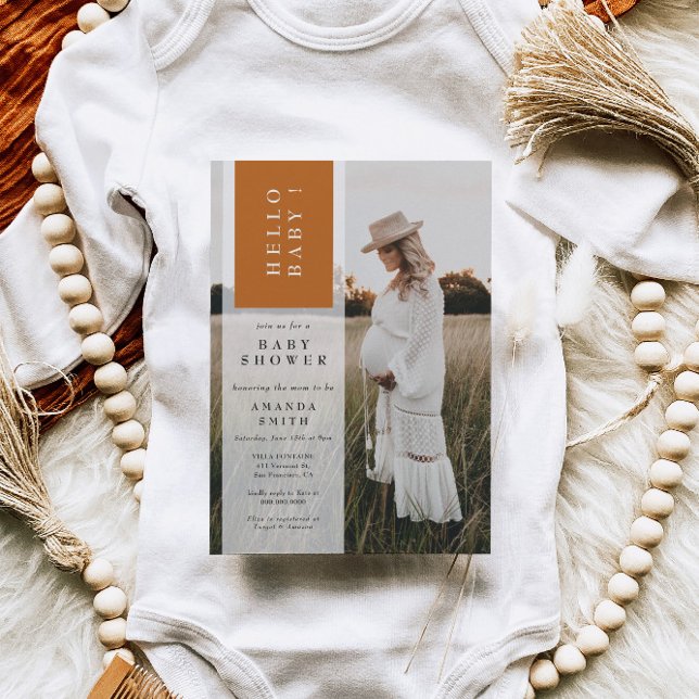 Photo Minimalist Boho Neutral Hello Baby Shower Invitation (Creator Uploaded)