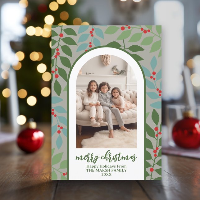 Photo modern arch - eucalyptus branches Christmas Holiday Card (Modern Christmas Photo Greeting Card)