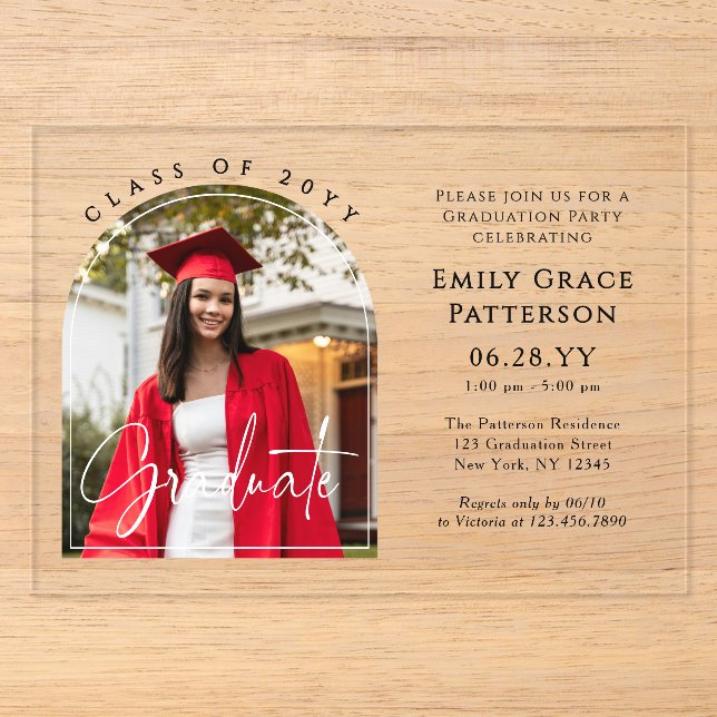 Photo Modern Arch Graduate Script Graduation Party Acrylic Invitations (Front)