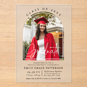 Photo Modern Arch Graduate Script Graduation Party Acrylic Invitations
