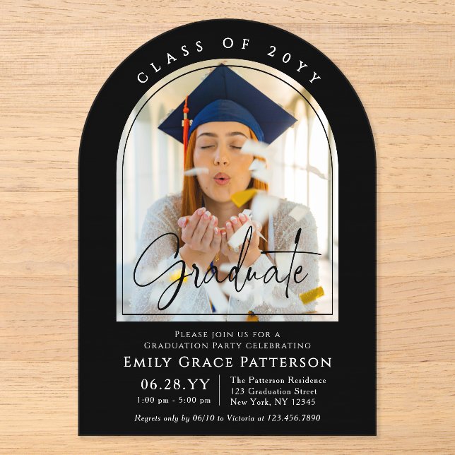 Photo Modern Arch Graduate Script Graduation Party Acrylic Invitations (Front)