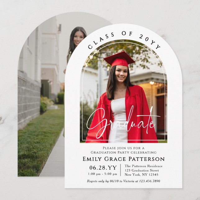 Photo Modern Arch Graduate Script Graduation Party Invitation (Front/Back)