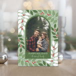 Photo modern arch - whimsical branches Christmas Holiday Card<br><div class="desc">A modern Merry Christmas photo card in green,  red and white. The photo are is a mod arch with a green border.  The modern design includes branches and berries and serif type and a modern calligraphy font for the text.</div>
