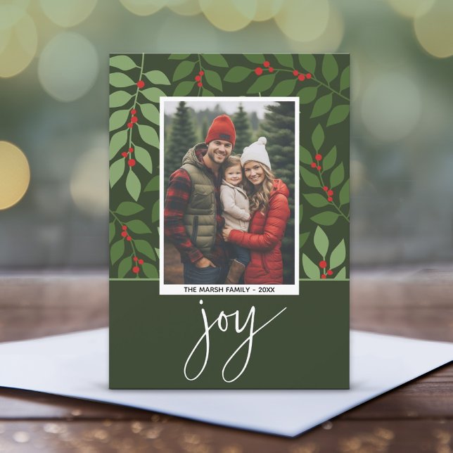 Photo modern berries joy branches Christmas Holiday Card (Whimsical Christmas Card with 1 Photo - Botanical Joy - Print and Download Options Available)