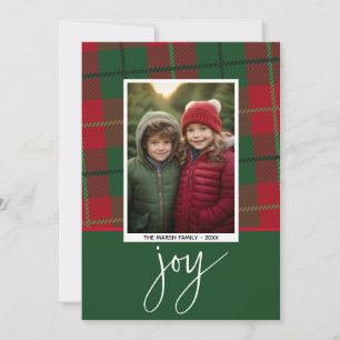 Photo modern berries joy Christmas red green plaid Holiday Card