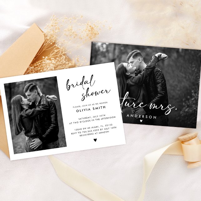Photo Modern Black And White Script Bridal Shower Invitation (Creator Uploaded)