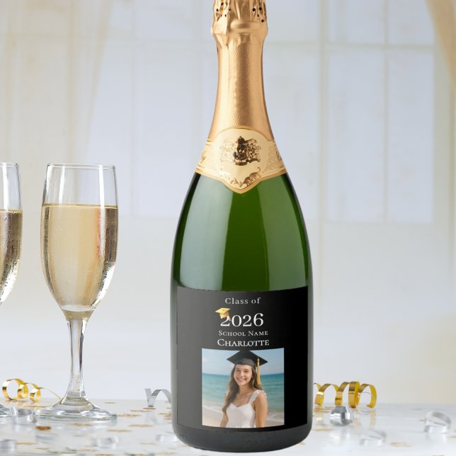 Photo modern black Graduation Party Sparkling Wine Label (Creator Uploaded)