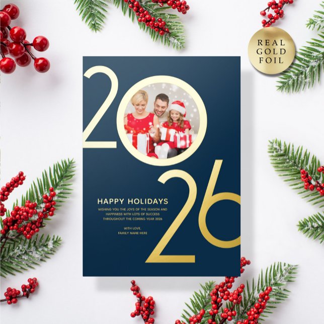 Photo Modern Bold Navy Blue 2026 Holiday Gold Card (Creator Uploaded)