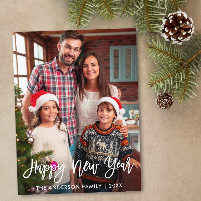 Photo Modern Brush Script Happy New Year Postcard (Customize to change your personalized text size or text style.)