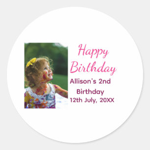Photo modern classic add name date happy birthday round sticker