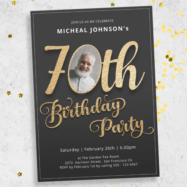 Photo Modern Gold Typography 70th Birthday  Invitation (Mockup View)
