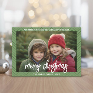 Photo Modern Green Chevron Border Merry Christmas Holiday Card