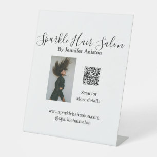Photo modern hair salon small business QR code  Pedestal Sign