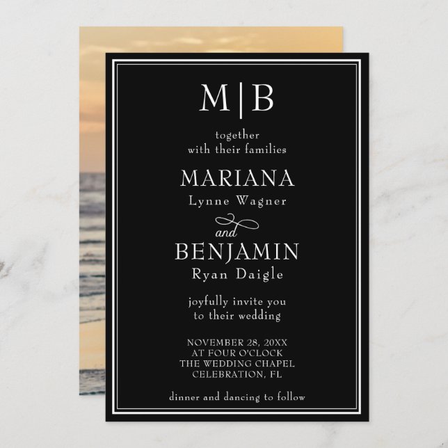 Photo Modern Lined Border Minimalist Black Wedding Invitation (Front/Back)