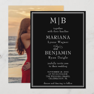 Photo Modern Lined Border Minimalist Black Wedding Invitation
