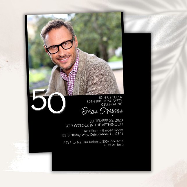Photo Modern Minimalist Black White 50th Birthday Invitation (Creator Uploaded)