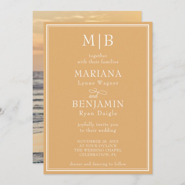 Photo Modern Minimalist Border Boho Yellow Wedding Invitation (Front/Back)