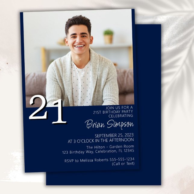Photo Modern Minimalist Navy Blue 21st Birthday Invitation (Creator Uploaded)