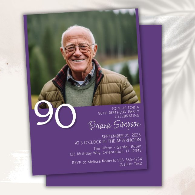 Photo Modern Minimalist Purple 90th Birthday Invitation (Creator Uploaded)