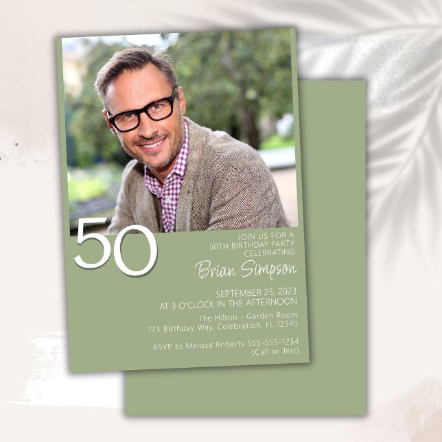 Photo Modern Minimalist Sage Green 50th Birthday Invitation (Creator Uploaded)
