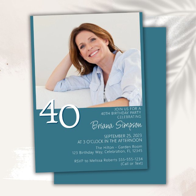 Photo Modern Minimalist Teal 40th Birthday Invitation (Creator Uploaded)
