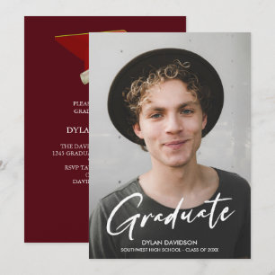 Photo Modern Script Red Cap Party Graduation Invitation