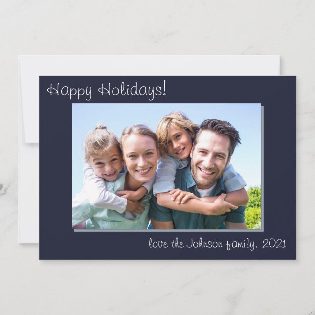  Photo Modern Simple Family Happy Holidays Blue  Holiday Card (Front)