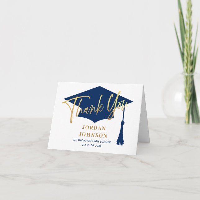 PHOTO Modern Simple Minimalist Golden Graduation Thank You Card (Front)