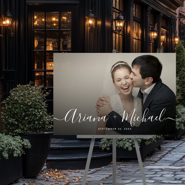Photo moderne élégante Nom de bienvenue Keepsaké M (Custom Photo and names Keepsake wedding welcome acrylic sign.)