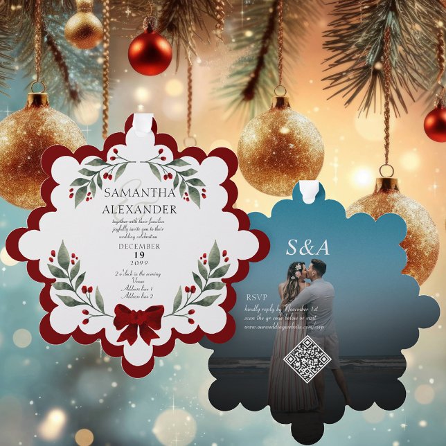 Photo moderne Faire-part de mariage de Noël (Modern Photo Christmas Wedding Invitation Ornament Unique Designer Christmas Watercolor Wreath )