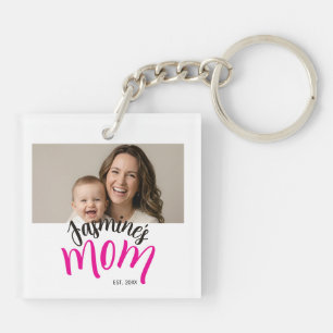 Photo Mom Established Child Name Custom Year Mama Keychain