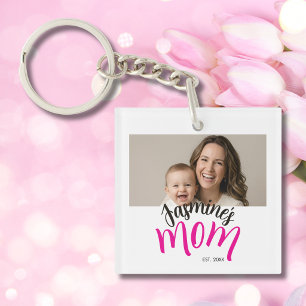 Photo Mom Established Child Name Custom Year Mama Keychain