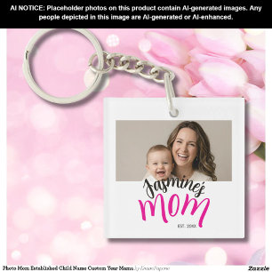 Photo Mom Established Child Name Custom Year Mama Keychain