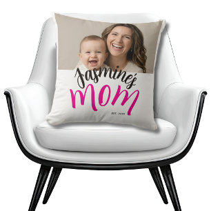 Photo Mom Established Child Name Custom Year Mama Throw Pillow
