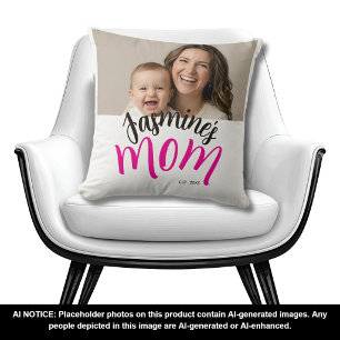 Photo Mom Established Child Name Custom Year Mama Throw Pillow