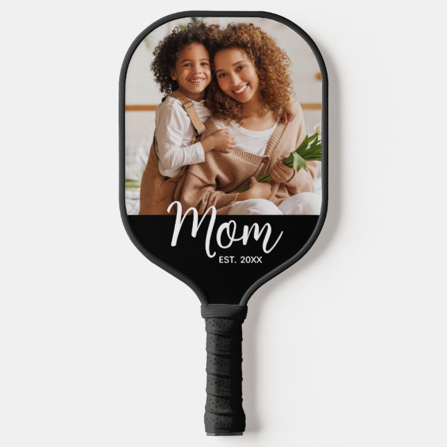 Photo Mom Established Date Fun Script on Black Pickleball Paddle (Front)