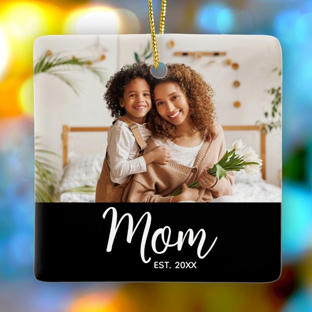 Photo Mom Established Date White Script on Black Ceramic Ornament (Creator Uploaded)