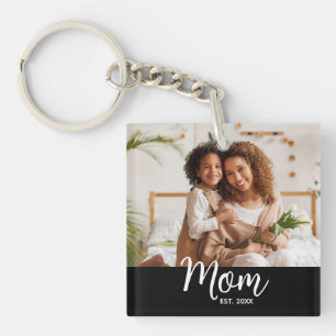 Photo Mom Established Date White Script on Black Keychain