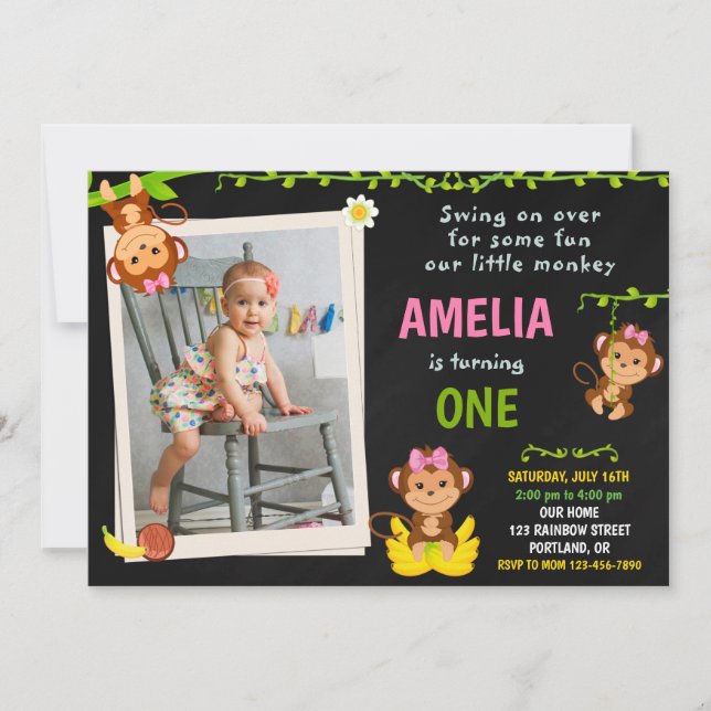 Photo Monkey birthday invitation Girl 1st birthday (Front)