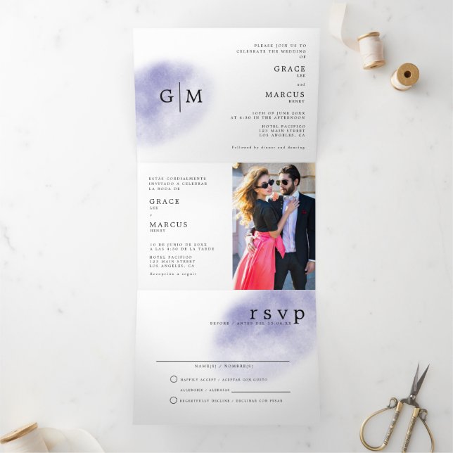 Photo Monogram Bilingual Wedding Invitation Blue (Inside)