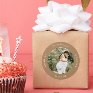 photo monogram elegant wedding classic round stick sticker