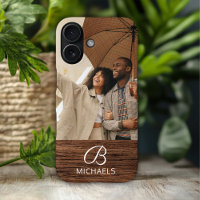 Photo Monogram Faux Wood Grain Family Name
