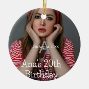 Photo monogram happy 20th birthday grey white ceramic ornament