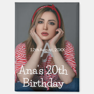 Photo monogram happy 20th birthday grey white magnet