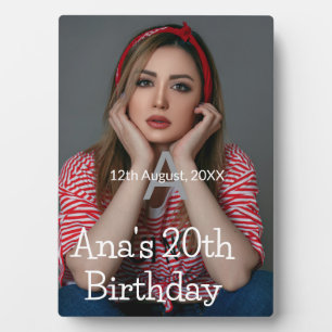 Photo monogram happy 20th birthday grey white plaque