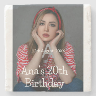 Photo monogram happy 20th birthday grey white stone coaster