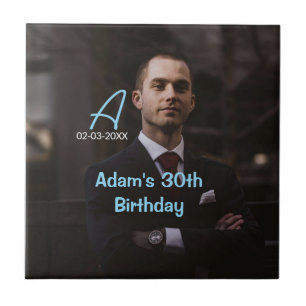 Photo monogram happy 30th birthday blue white past tile